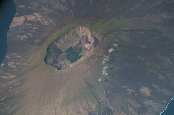 Satellite photograph of the caldera on Fernandina Island in the Galapagos archipelago, clearly showing the collapsed summit