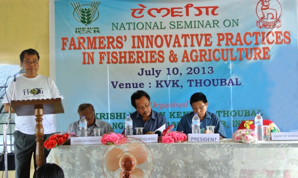 Professor Waikhom Vishwanath. FFSG Regional Co-Chair for South Asia, wears a FFSG t-shirt at a seminar held at the Krishi Vighyan Kendra (Agricultural Science Centre), Thoubal District, Manipur, India, in which fish farmers from different parts of the state and resource persons from different institutes were present. The farmers were invited to present innovative techniques of fish culture and prizes were distributed