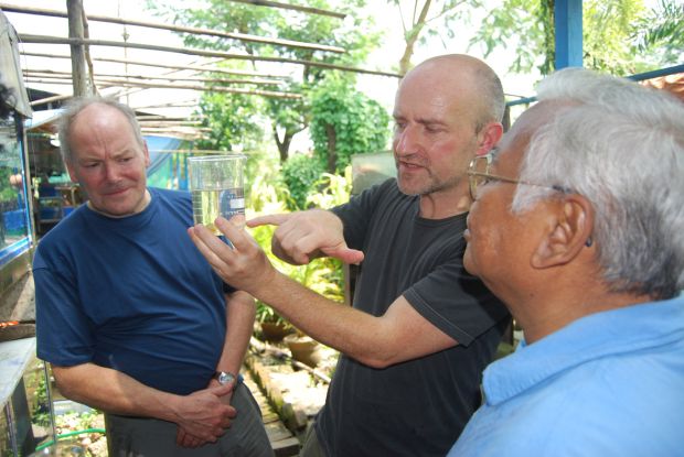 U Tin Win discussing Myanmar freshwater fish with Ralf Britz and Oliver Crimmen in 2007